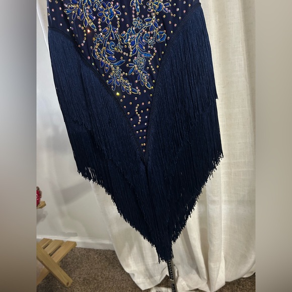 Navy and Silver Fringe Ballroom Rhythm Dance Dress - Picture 4 of 9